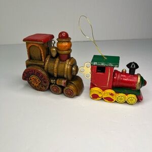Hallmark 1976 Yesteryears‎ Wooden Look & Red Wood Train Christmas Ornaments